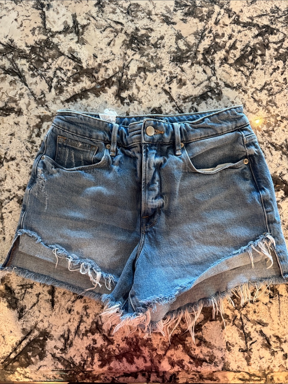 Good American Medium Blue Distressed Cutoff Denim Shorts